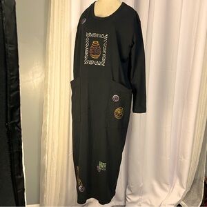 VINT USA FOCUS SMALL HAND PAINTED LONG SLEEVE BLACK COTTON DRESS OVERSIZED LONG